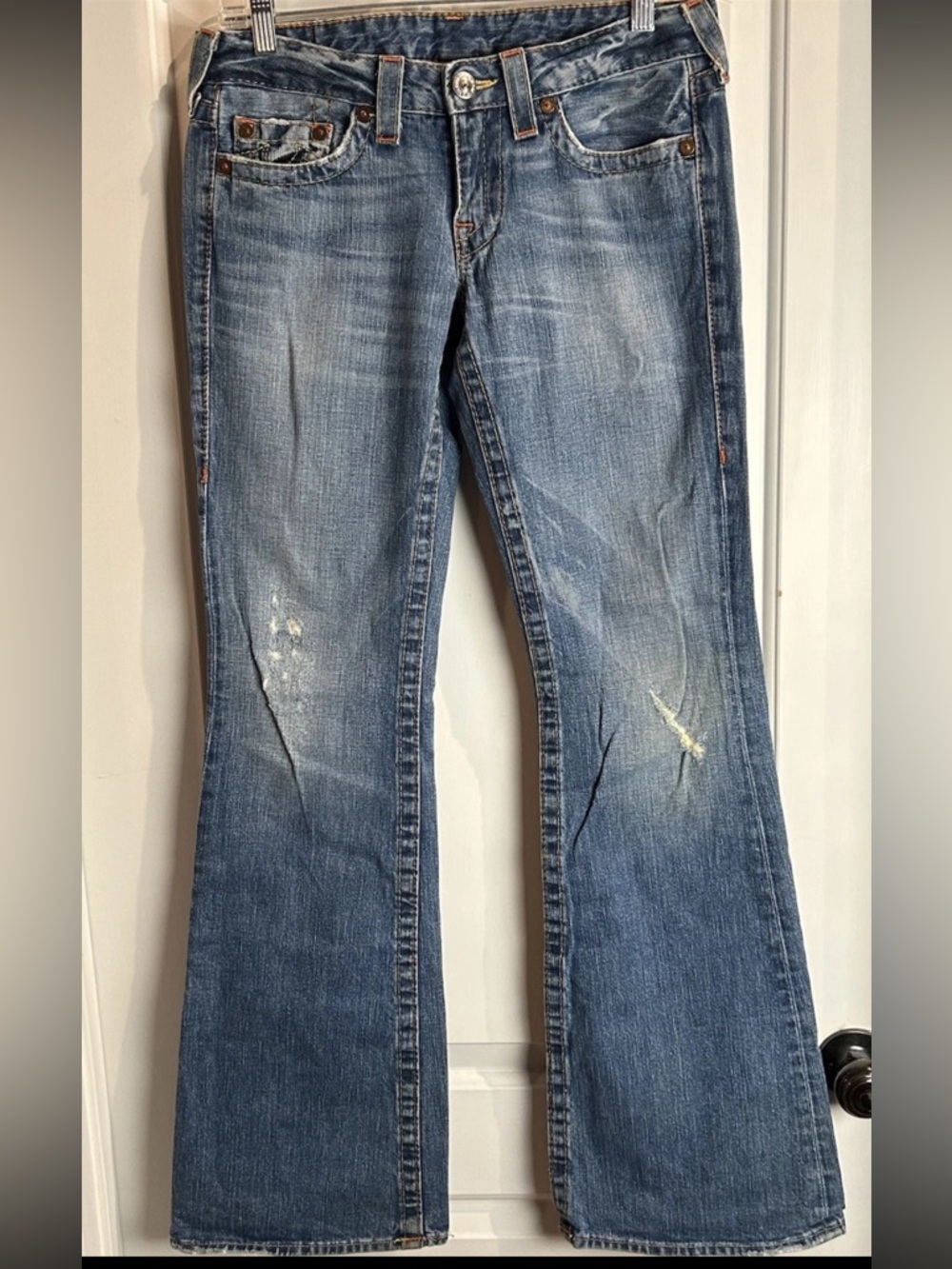 True Religion Bobby Jean Distressed Denim Yellow Stitching Flared Leg Women’s 29